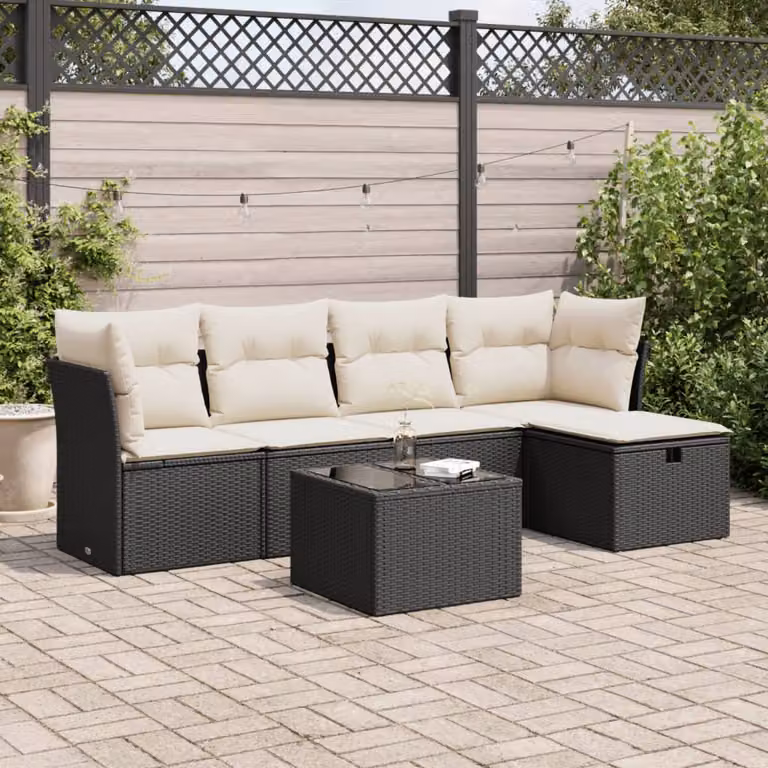 Set Divano da Giardino vidaXL 6 pz in Polyrattan Nero con Cuscini e Tavolino