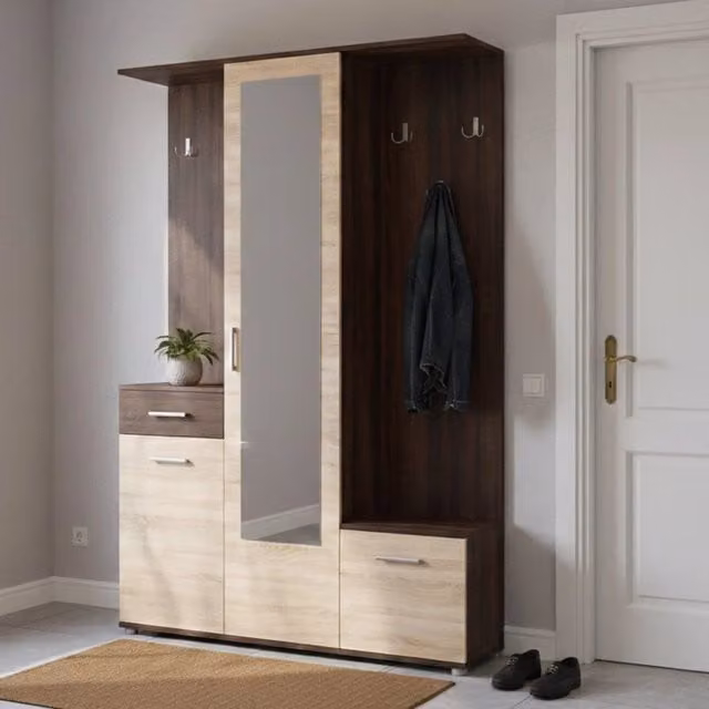 Mobile da ingresso Volpara DMORA con specchio, colore marrone rovere, L: 134 cm, P: 33 cm, H: 197,5 cm