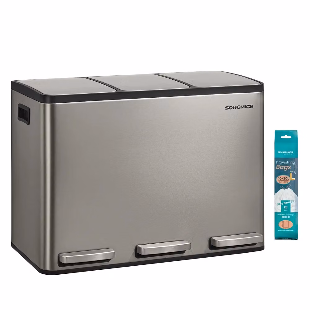 Cestino da Cucina per Raccolta Differenziata con Coperchio e Maniglie, 3 x 15 L / Argento