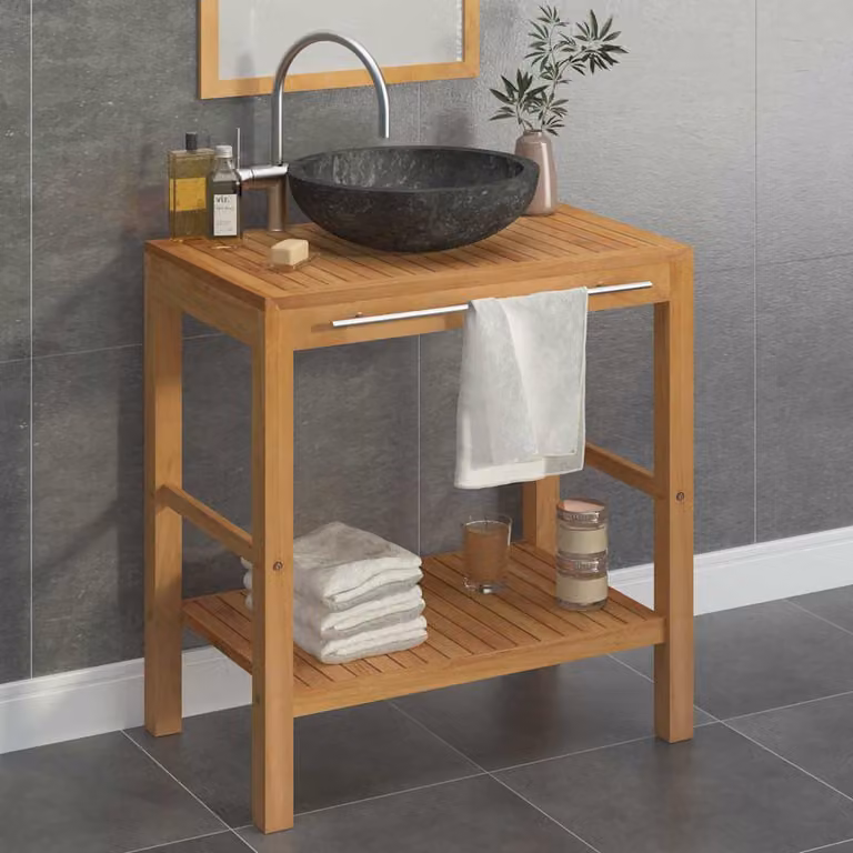 Armadietto da bagno vidaXL in legno di teak con lavabo in marmo nero e struttura in metallo, stile moderno, marrone e nero