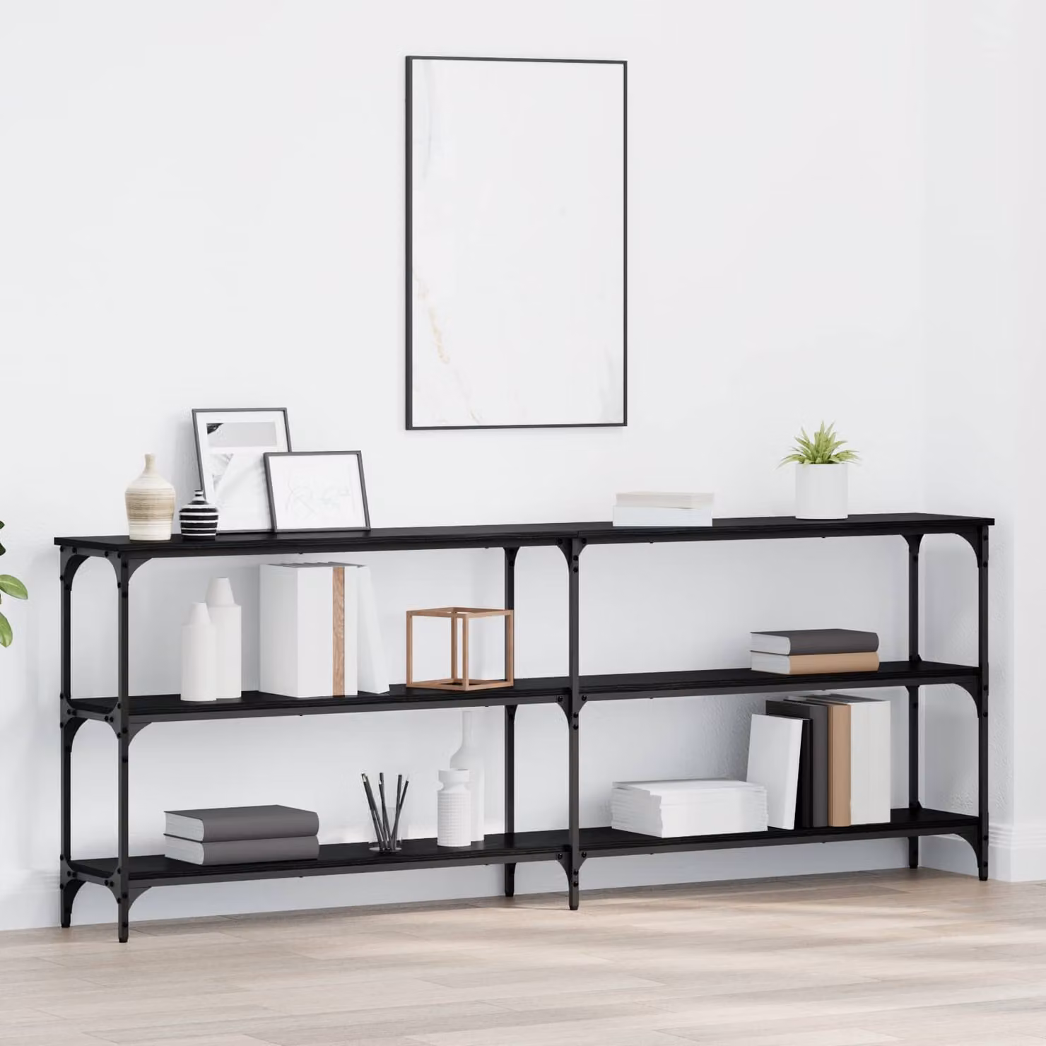 vidaXL Tavolo consolle in stile industriale nero con finitura rovere L: 200 cm, P: 29 cm, H: 75 cm