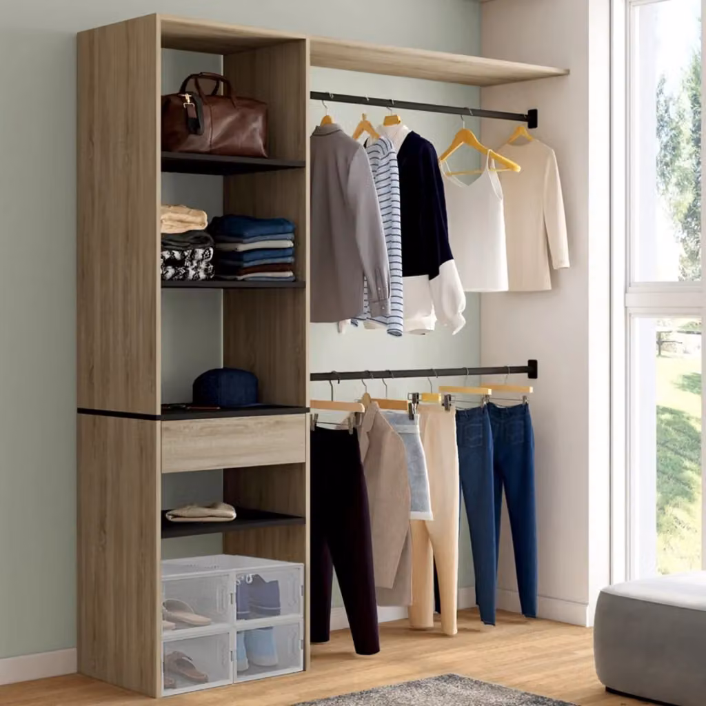 IDMarket MELINE Set Spogliatoio in Faggio con Ripiani Neri, Cassetto e Armadio Doppio L/P/H: 160 x 40 x 180 cm – 2