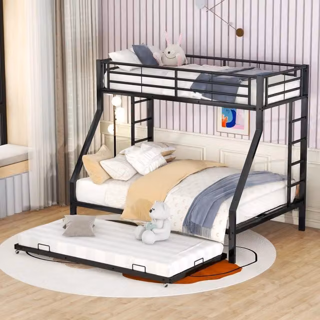 Letto a castello OKWISH in metallo nero con letto estraibile per 3 posti, ideale per la cameretta dei bambini, L/P/H: 90 x 200 x 145 cm