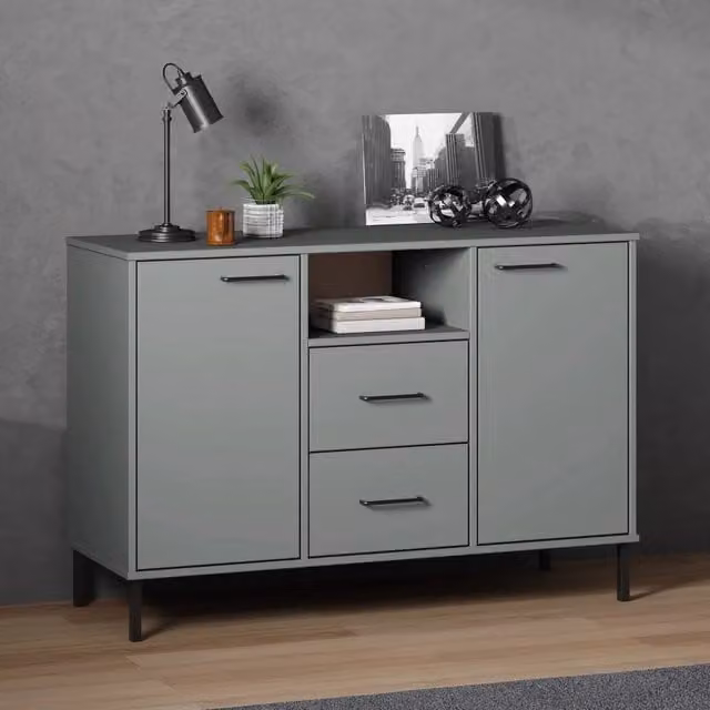 Credenza in legno di pino e metallo stile industrial vidaXL, Grigio, L: 113 cm, P: 40 cm, H: 77 cm