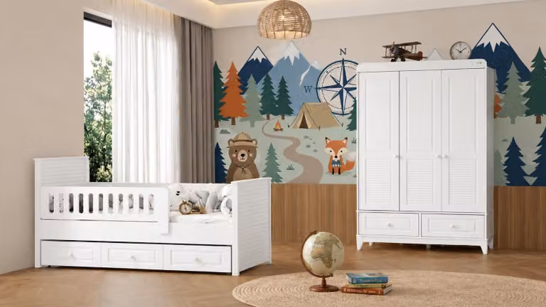 Set completo per cameretta per bambini, con letto e armadio in legno, entrambi di colore bianco