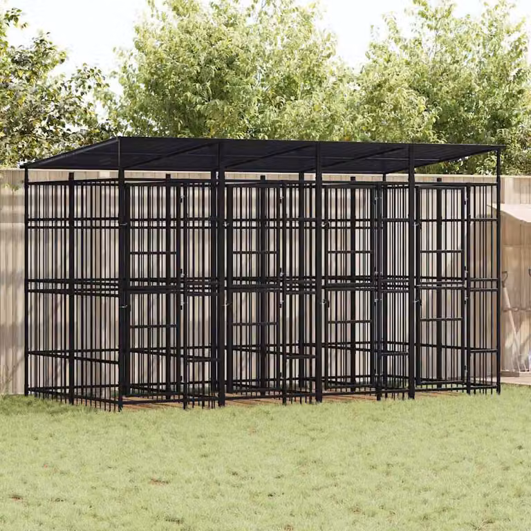 vidaXL Gabbia per Cani da Esterno in Metallo Nero con Tetto Resistente alle Intemperie