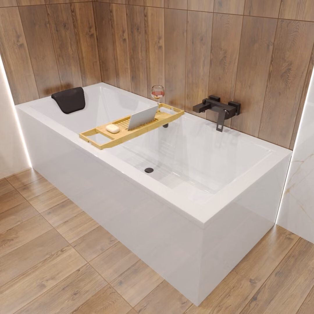 Set vasca rettangolare 5in1 190x90 con set di scarico e piedini GRATIS + grembiule in acrilico + ripiano in legno di bambù + poggiatesta in nero | BADLAND QUADRO