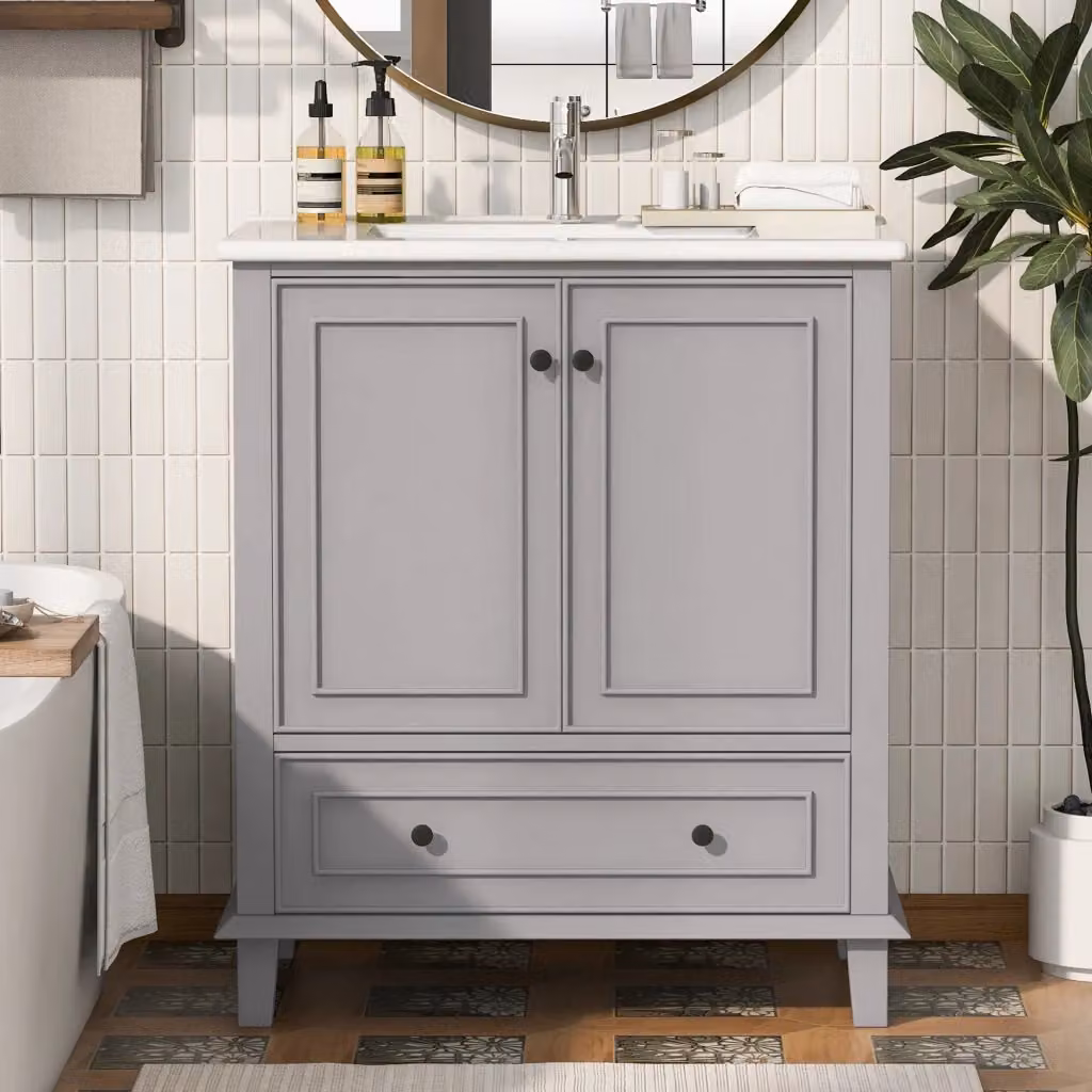 Mobile bagno Chicfurn moderno con lavabo integrato, 2 ante e 1 cassetto, grigio, L: 76 cm, P: 46 cm, H: 87 cm – 2