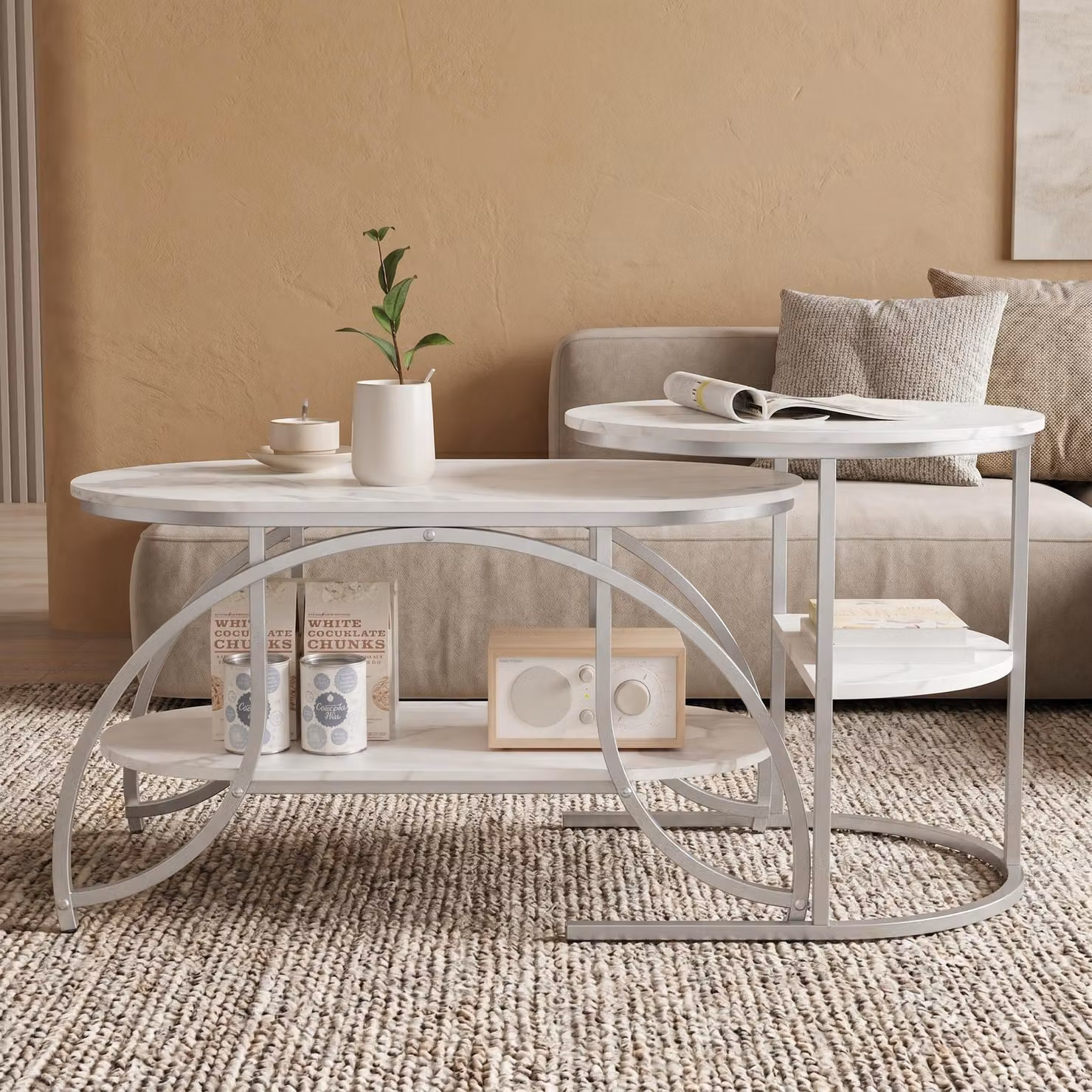 INONEFT, set di 2 tavolini da caffè, tavolini moderni per il soggiorno con spazio contenitivo e struttura in metallo, tavolino ovale per soggiorno, camera da letto, bianco e argento