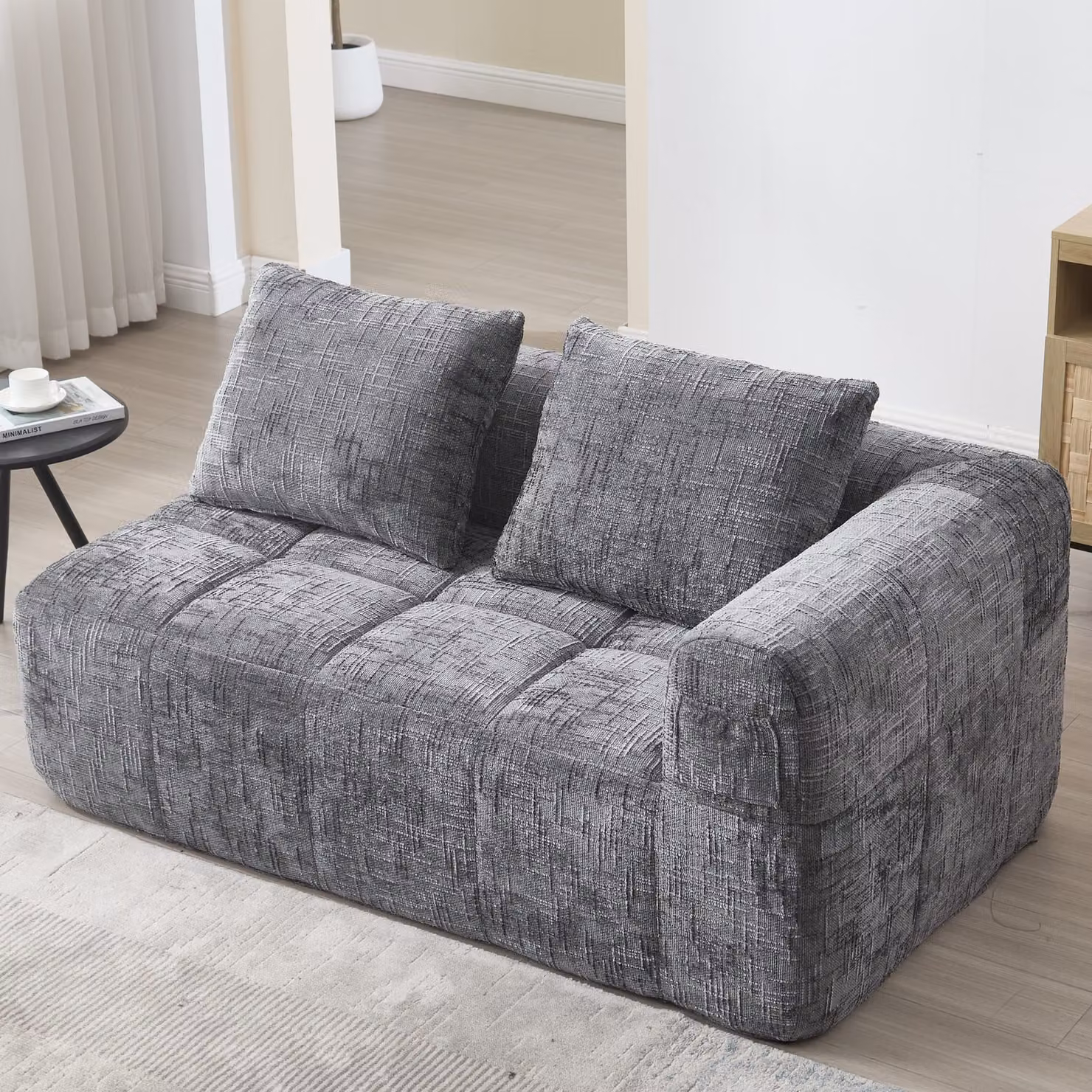 DIVANO MODFU: divano relax, divano angolare, divano a due posti, chaise longue, divano lounge, mobili imbottiti, divano a due posti con cuscini e tasche laterali, colore grigio