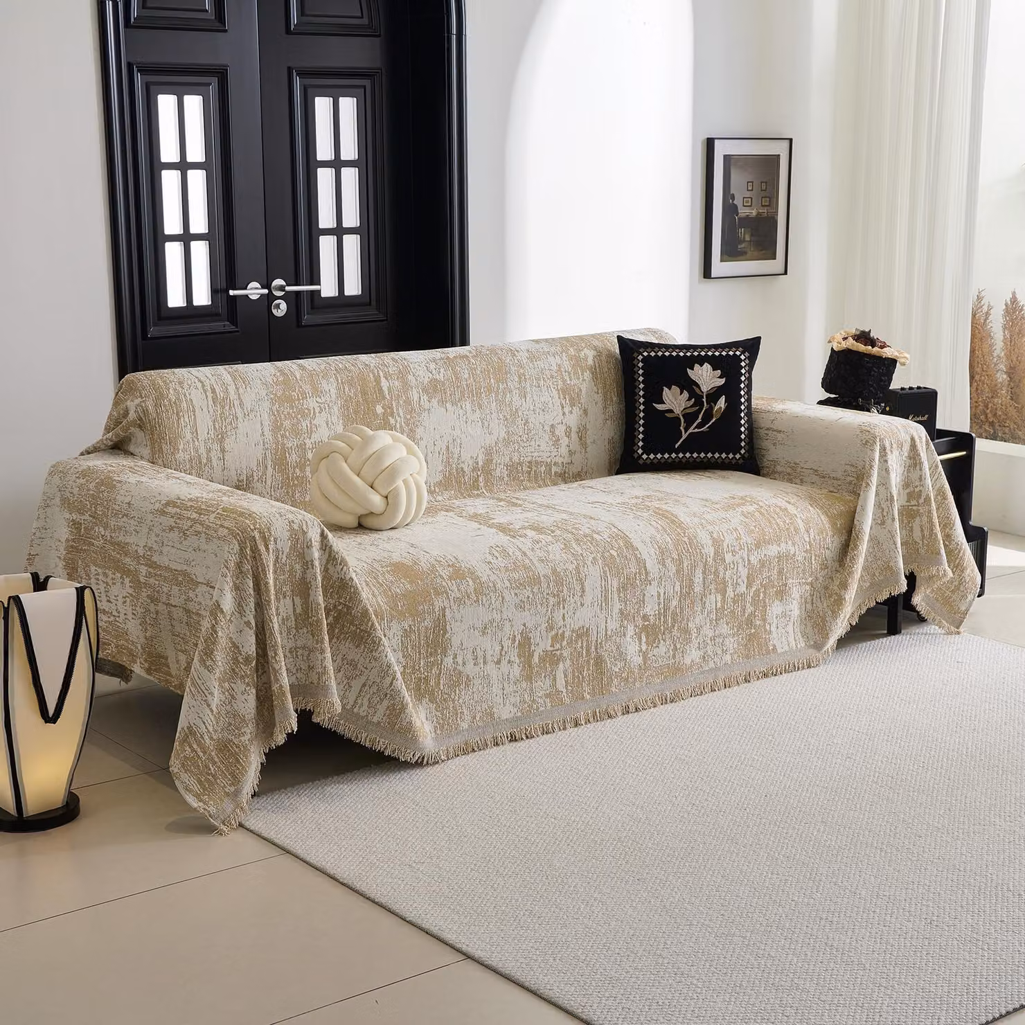 Copertura a forma di L per divano, con decorativi pompon