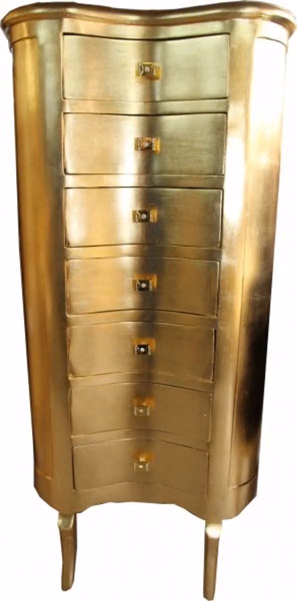 Comò Casa Padrino in stile barocco, color oro, con 7 cassetti, forma ovale, stile antico, dimensioni 126 x 56 x 34 cm