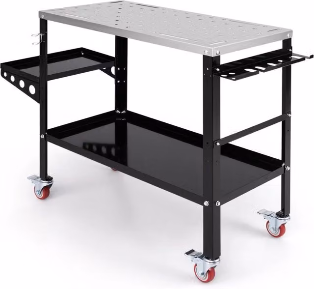 Banco da lavoro da saldatura Design Mania in metallo con supporto per attrezzi e ruote, Nero e Argento, Capacità 570 kg, L/P/H: 128 x 88 x 46 cm