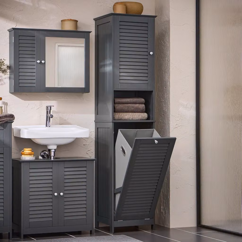 Mobiletto bagno salvaspazio SOBUY colonna con portabiancheria Grigio L40 x P37 x H170 cm – 2