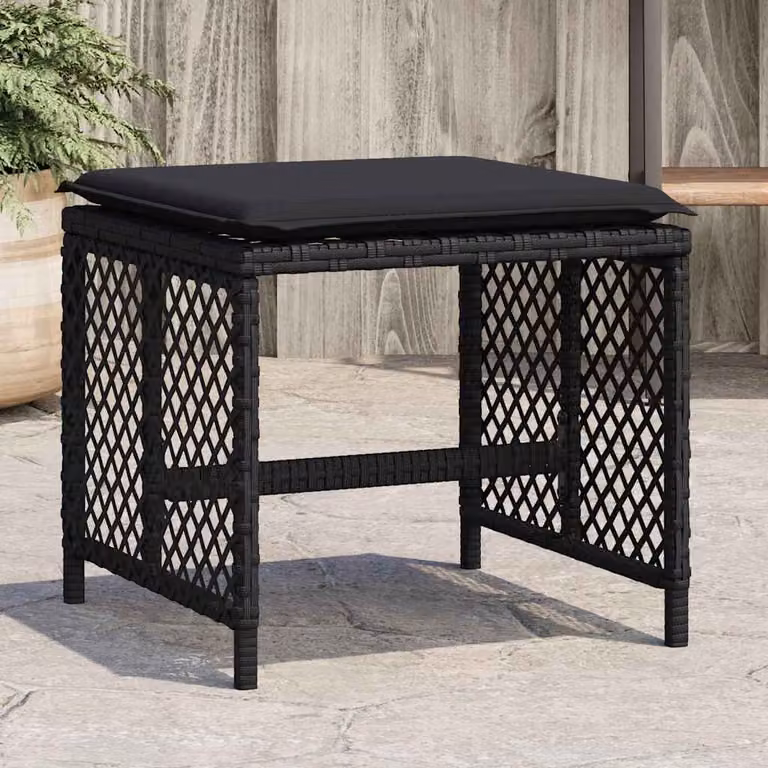 Set di 4 sgabelli da giardino vidaXL in polyrattan nero con cuscini, L/P/H: 41 x 41 x 36 cm