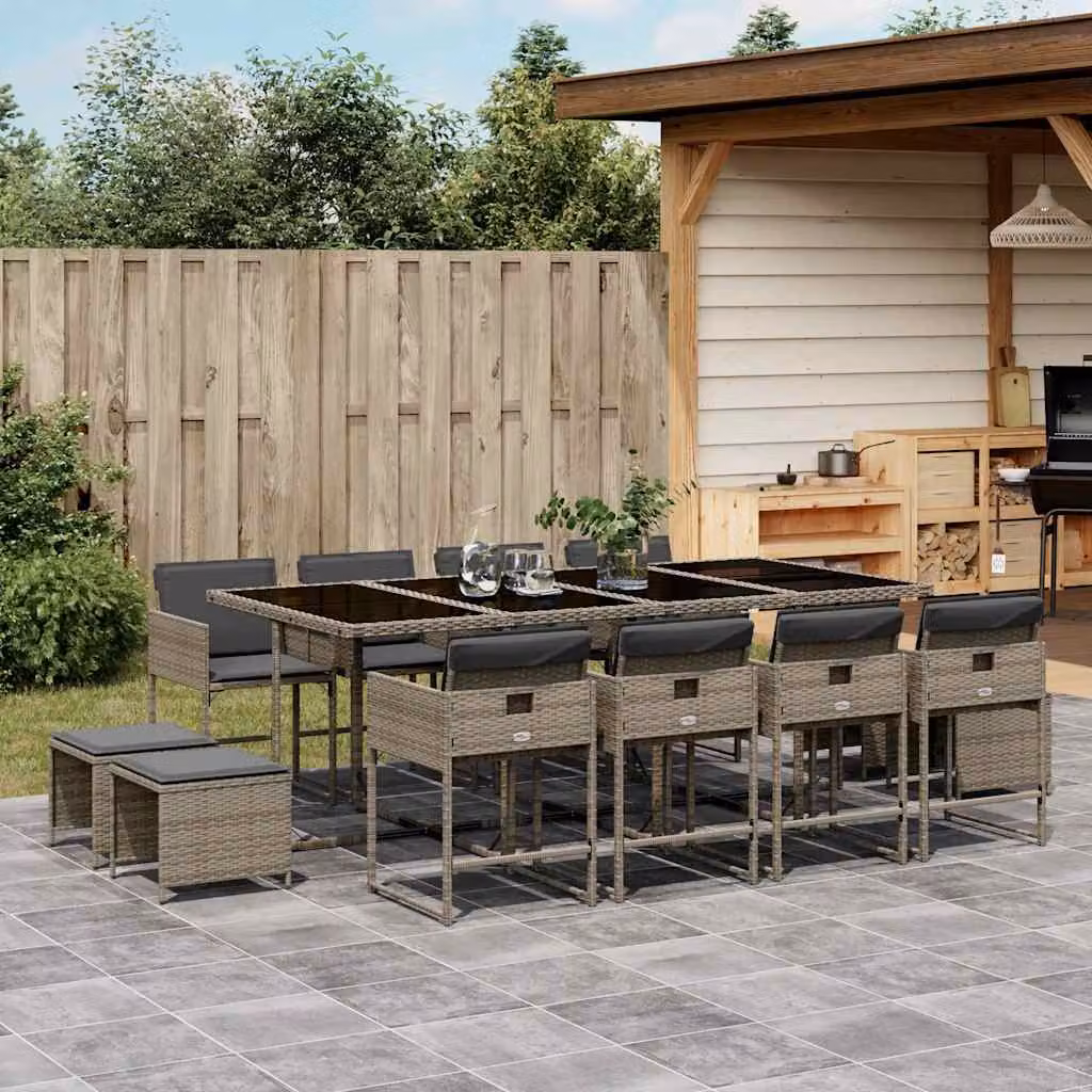 Set da Pranzo da Giardino vidaXL in Polyrattan Grigio con Cuscini e Tavolo in Vetro 13 Pezzi – 1