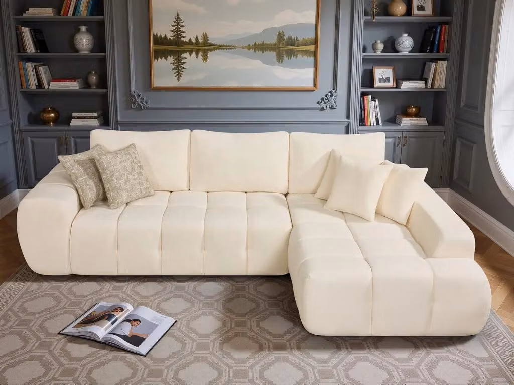 Divano ad angolo Sidonie in tessuto beige con stile bubble e 4 posti per il tuo soggiorno – 2