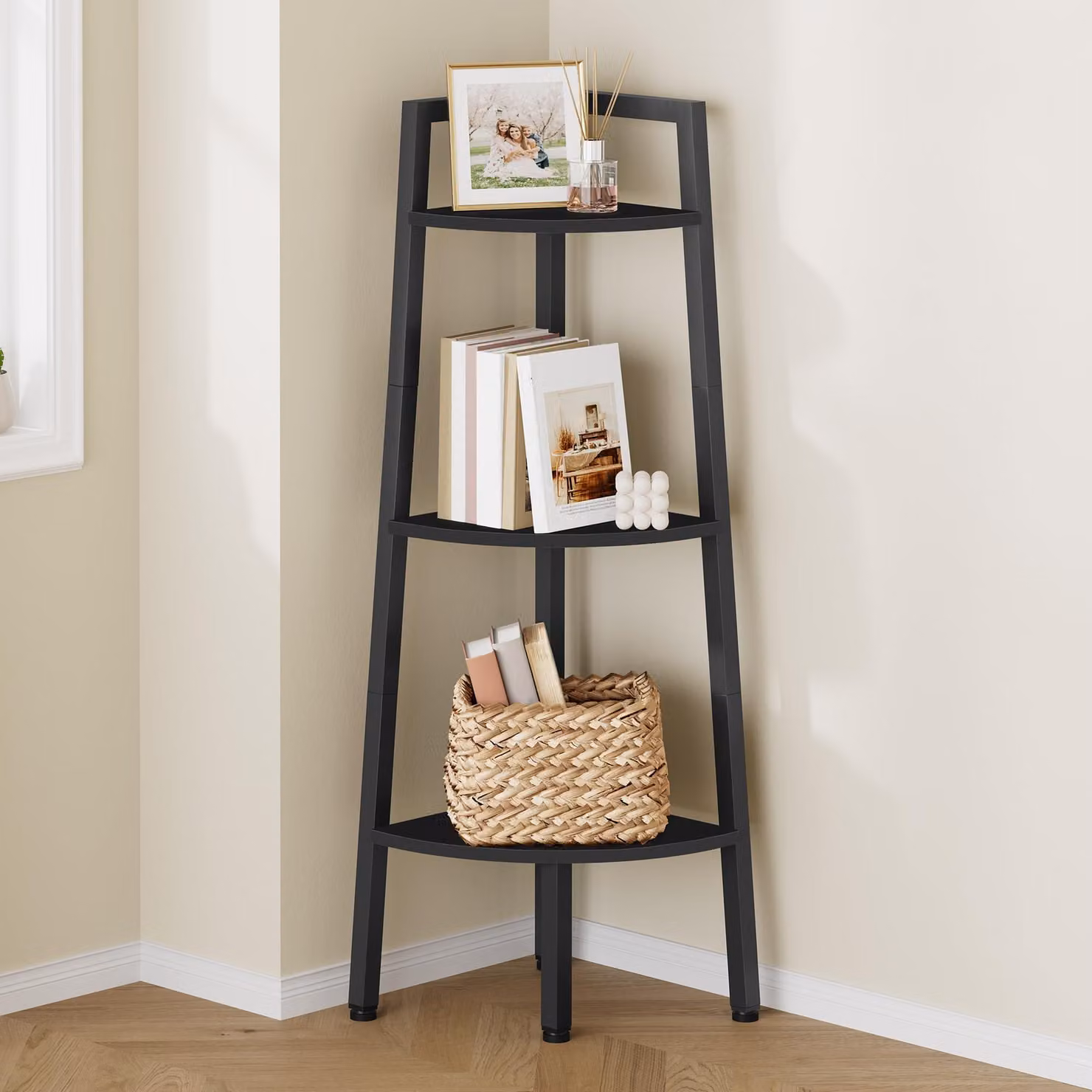 Scaffale a parete in metallo nero, con 3 ripiani, stile rustico, ideale per soggiorno e cucina