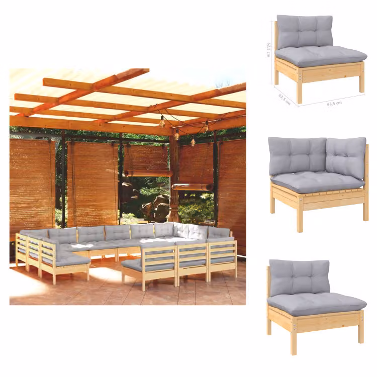 vidaXL Set di 13 pezzi da giardino con cuscini grigi in pino massiccio - Set di mobili da giardino