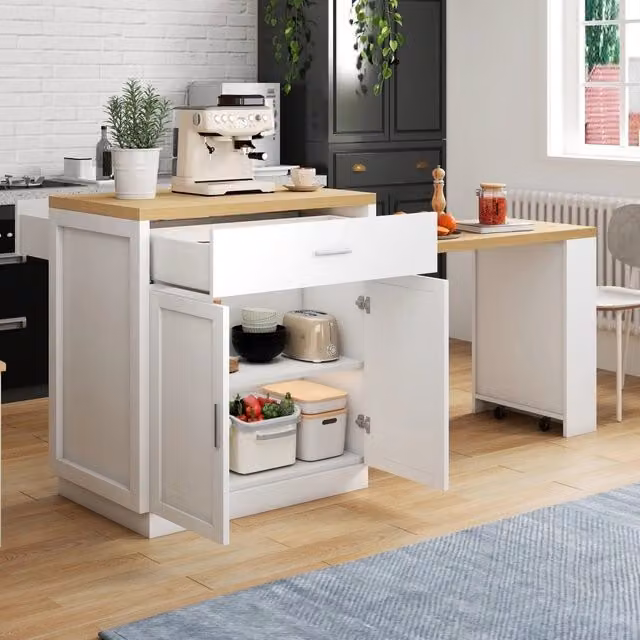 Desviae Carrello da cucina con tavolo estraibile prese e USB cassetti e ripiani MDF bianco effetto legno 188 × 55 × 92 cm