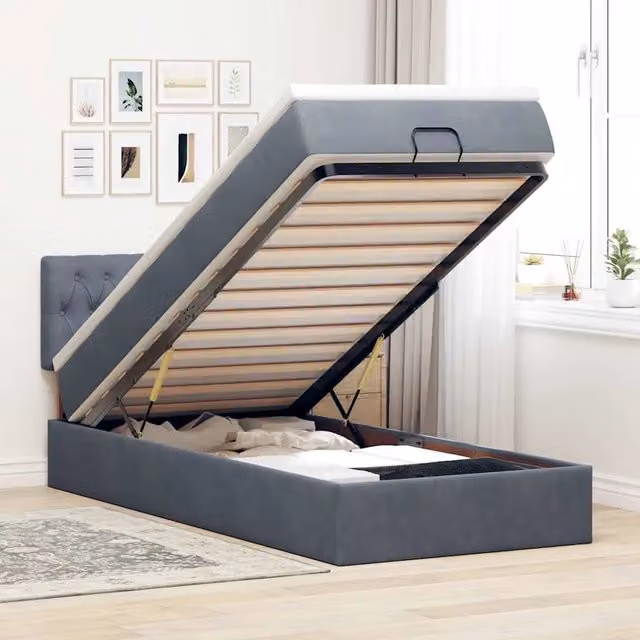 Letto con contenitore a sollevamento e materasso in velluto vidaXL, Colori Grigio e Bianco, L/P/H: 180 x 200 x 80 cm – 1