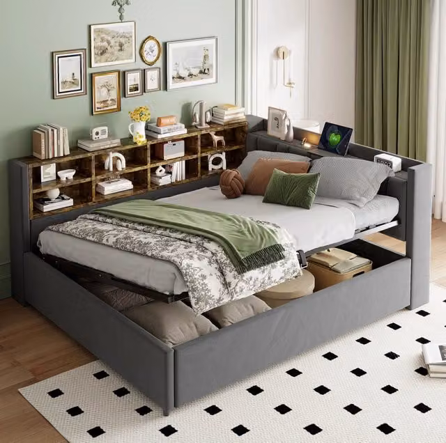 Letto imbottito ULEVR 140x200 cm con contenitore idraulico, luce notturna, USB e Type-C, velluto grigio scuro