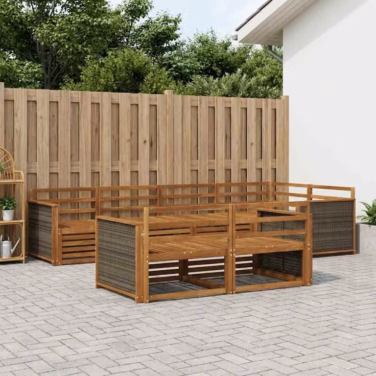 Set di divani da esterno vidaXL a forma di L in legno di acacia marrone con 7 pezzi e cuscini inclusi
