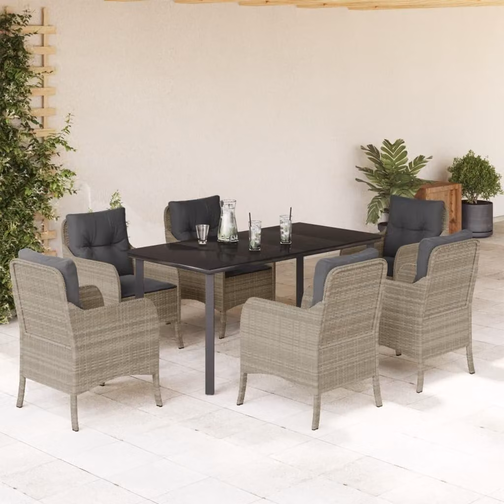 Set da pranzo da giardino vidaXL in polyrattan con piano in vetro e cuscini, 7 pezzi, antracite – 1