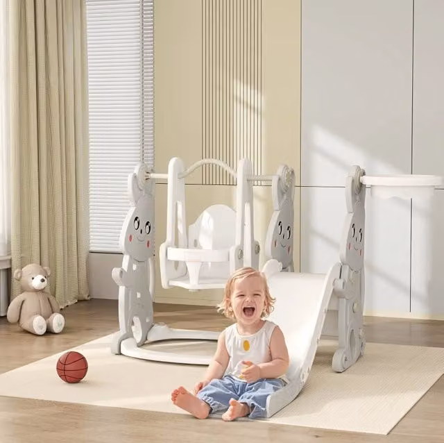 Set giochi 4 in 1 ULEVR con scivolo, altalena, struttura da arrampicata e canestro, plastica grigia