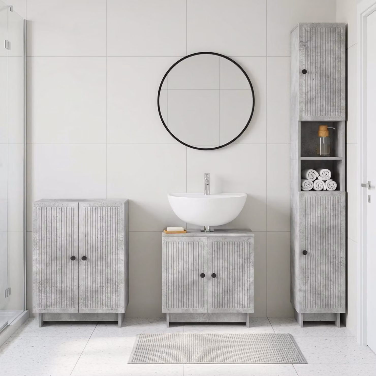 Set di armadietti da bagno moderni vidaXL EDE in 3 pezzi, colore grigio cemento, con vanità, mobile laterale e pensile in legno