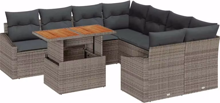 Set Divano da Giardino 9 pcs Grigio Poly Rattan