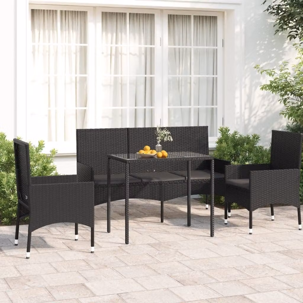 The Living Store Set da giardino 4 pezzi con cuscini in poly rattan nero