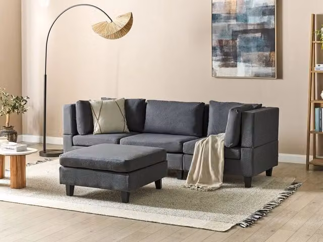 Divano Componibile Beliani in Tessuto Grigio con Cuscini e Coperture Rimovibili Stile Moderno L: 228 cm, P: 76 cm, H: 74 cm – 1