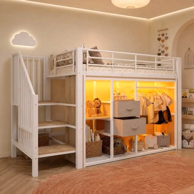 Letto a soppalco ULEVR 90x200 cm con 2 cassetti, appendiabiti aperto e LED multicolore, bianco
