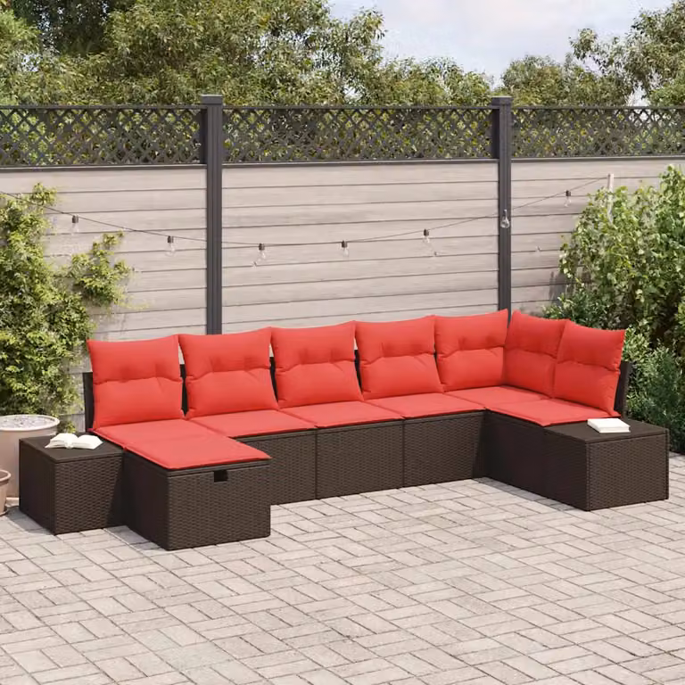 Set Divano da Giardino vidaXL 7 pz a Forma a L con Polyrattan e Cuscini Marrone e Rosso