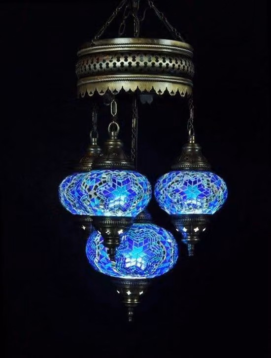 Lampada a sospensione turca in vetro mosaico a 4 sfere, blu – Lampadari orientali per un'illuminazione d'atmosfera