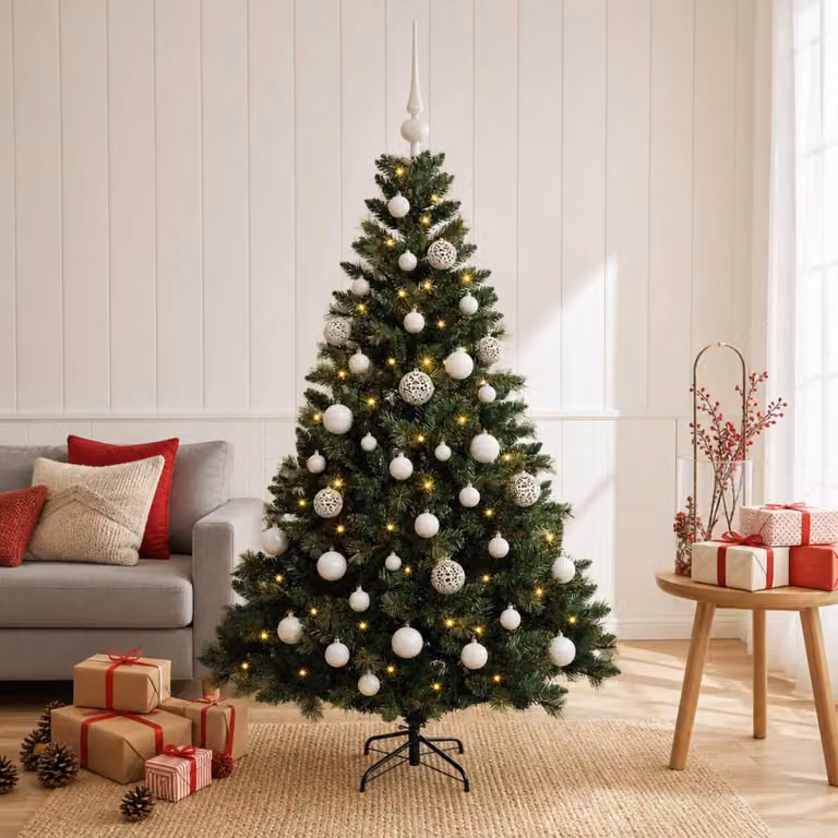 Albero di Natale artificiale verde vidaXL con 150 LED luce bianca calda e decorazioni con palline, Altezza: 120 cm