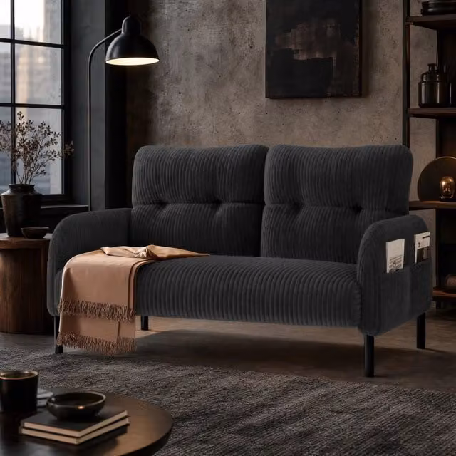 Divano a 2 posti MODFU in velluto a coste grigio con struttura e piedi in metallo L: 120 cm, P: 75 cm, H: 79 cm – 1
