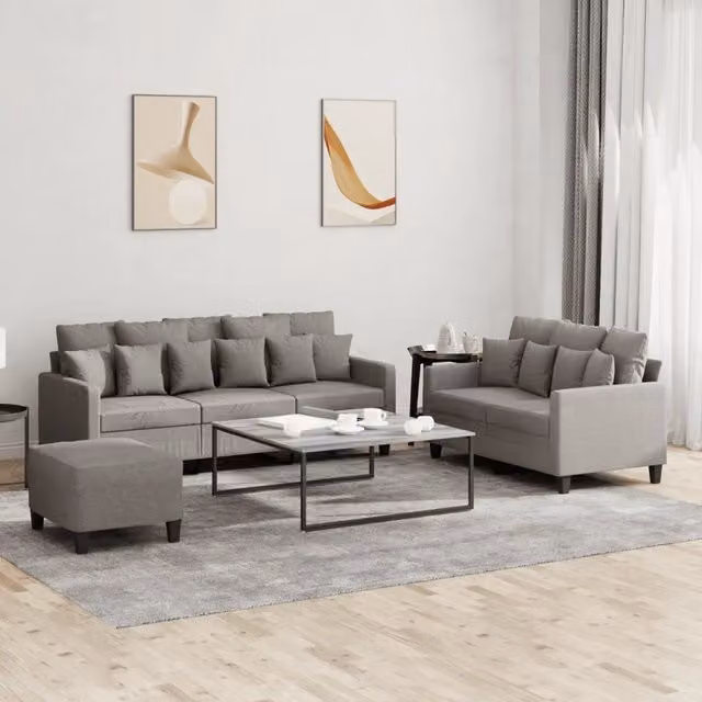 Set di divani moderno vidaXL composto da divano a 3 posti, divano a 2 posti e pouf, in tessuto beige e grigio con cuscini inclusi