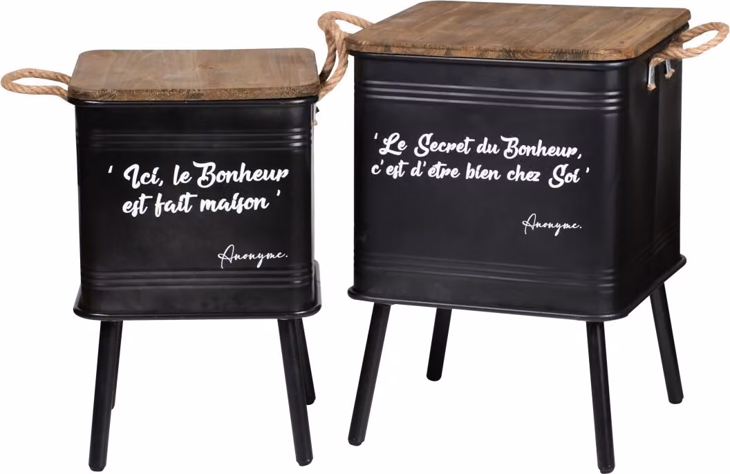 Set di 2 tavoli neri in metallo stile industriale con maniglia in corda. Collezione HAPPINESS