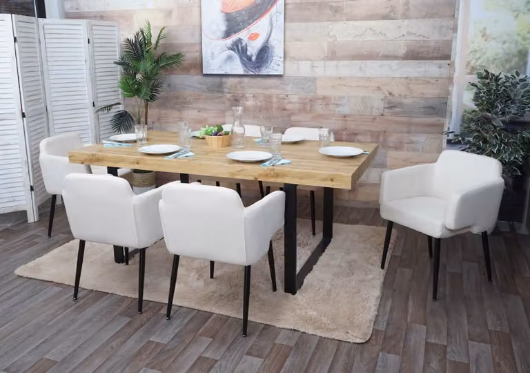 set di 6 sedie da pranzo MCW-L13, sedia imbottita da cucina con braccioli, tessuto/tessuto metallo MVG ~ bianco panna