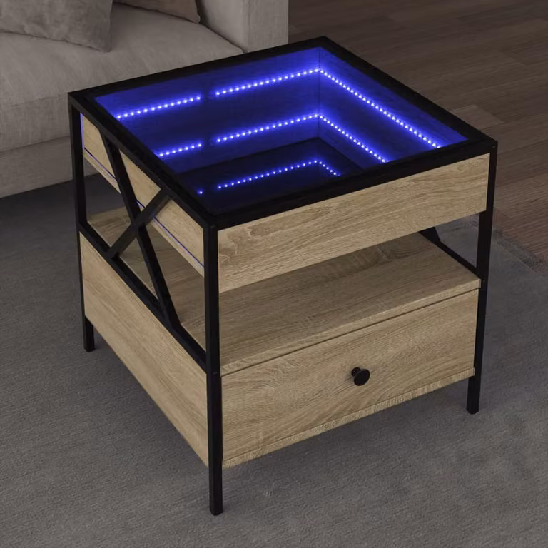 vidaXL Tavolino da Salotto con LED Infinity in Rovere Sonoma e Vetro, L/P/H: 50 x 50 x 51 cm