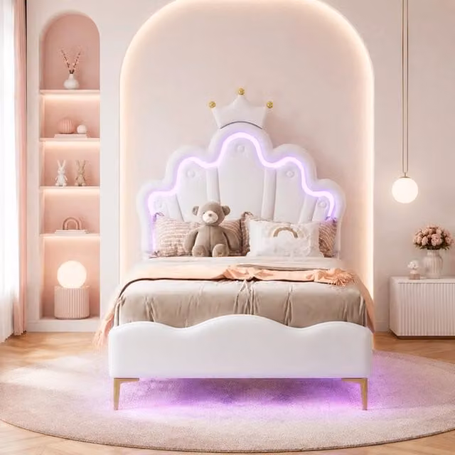 Letto singolo a piattaforma 90 × 200 cm con corona e LED in PU bianco altezza regolabile