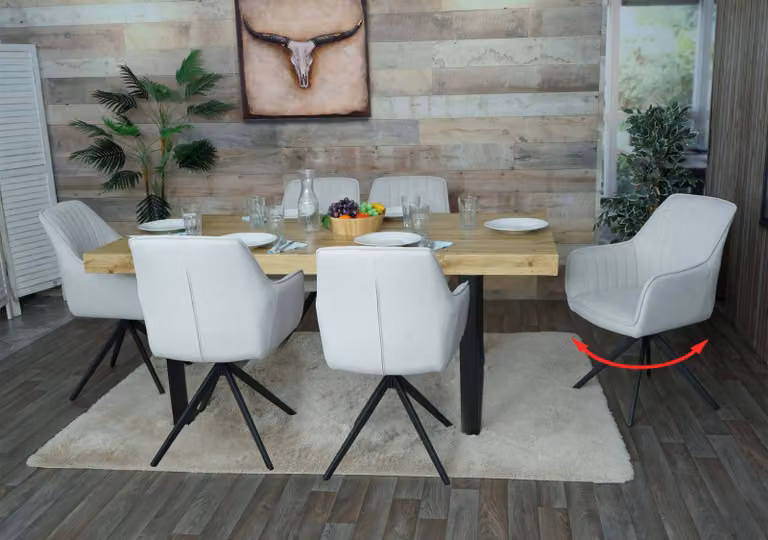 Set di 6 sedie da pranzo MCW-L79, sedia da cucina con schienale, braccioli, girevole, posizione automatica, tessuto/textile ~ crema-beige