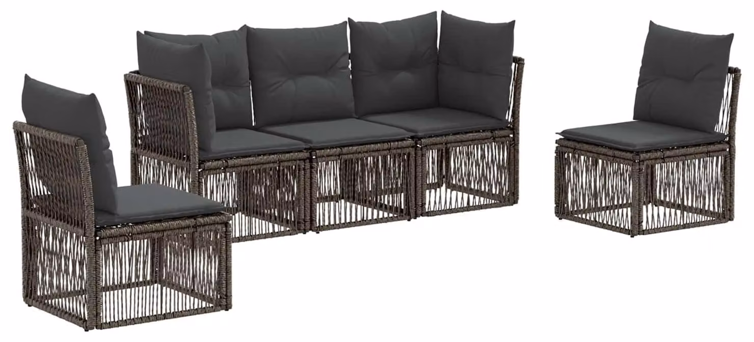 Set di divani da giardino, 5 pezzi, colore grigio, in rattan sintetico