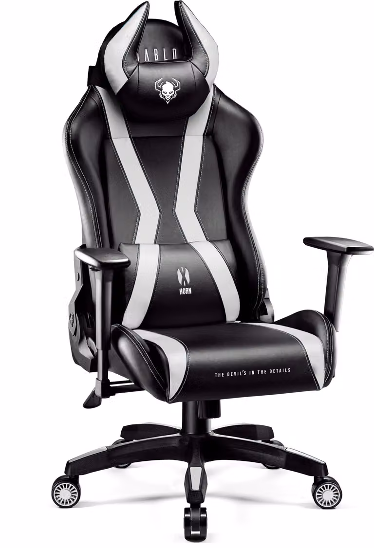 Diablo X-Horn Gaming Chair Sedia da ufficio Braccioli 3D Design ergonomico Cuscino cervicale/ombelicale Similcuoio Funzione a dondolo King Size Bianco e nero