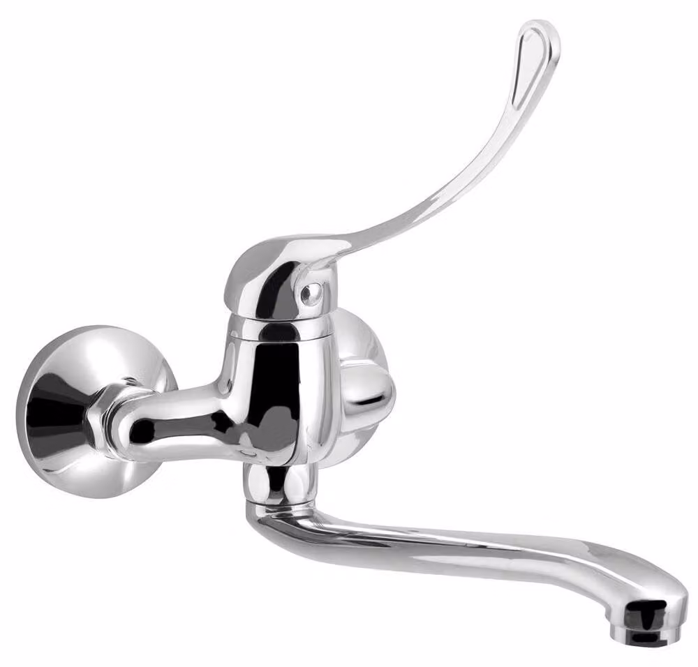 AQUALINE 35 rubinetto a parete con distanza di 100 mm, leva medica, gancio rialzato, 220 mm, cromo