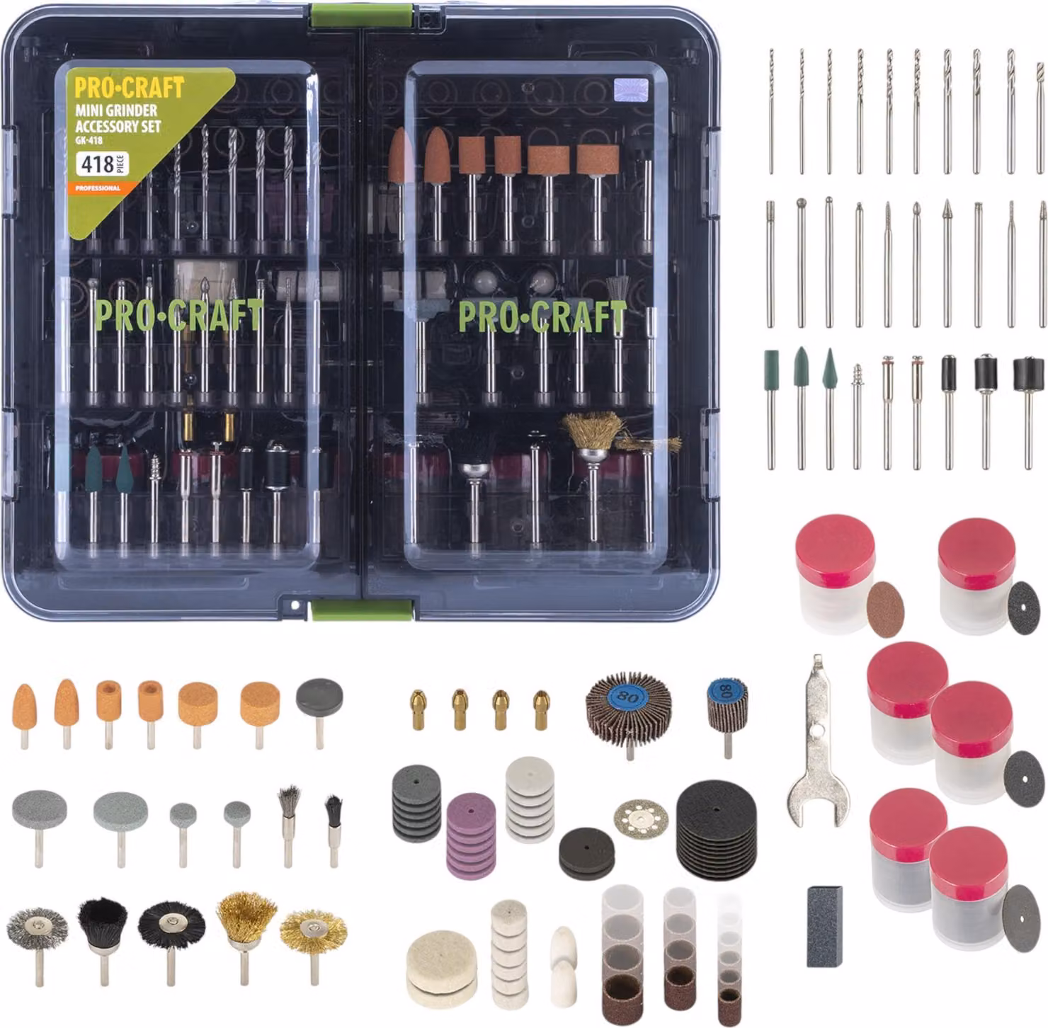 Procraft GK-418 Set di accessori 418 pezzi universale per smerigliatrici diritte