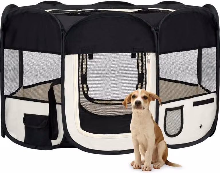 The Living Store Box pieghevole per cuccioli con borsa da trasporto nero 125x125x61 cm