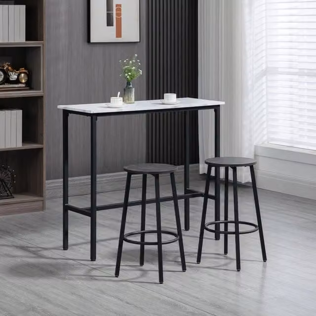 Tavolo da pranzo con 2 sgabelli e piano effetto marmo, struttura in acciaio, per cucina, bianco